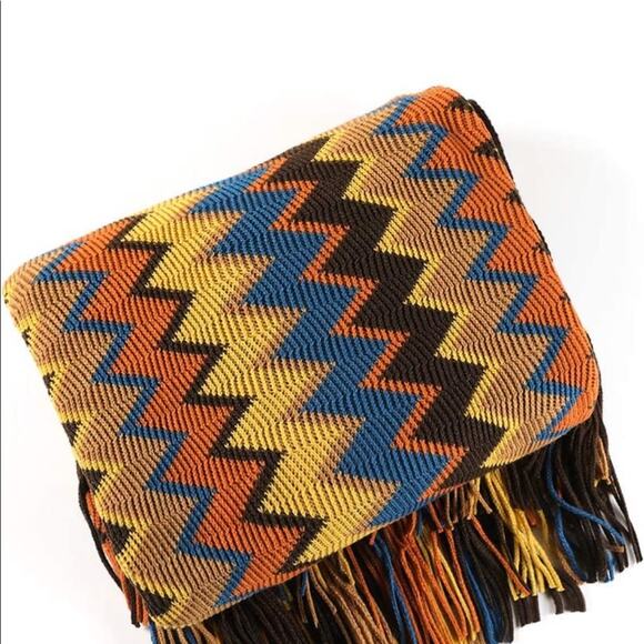 Bohemian Zigzag Coffee Tassel Blanket - Picture 6 of 10